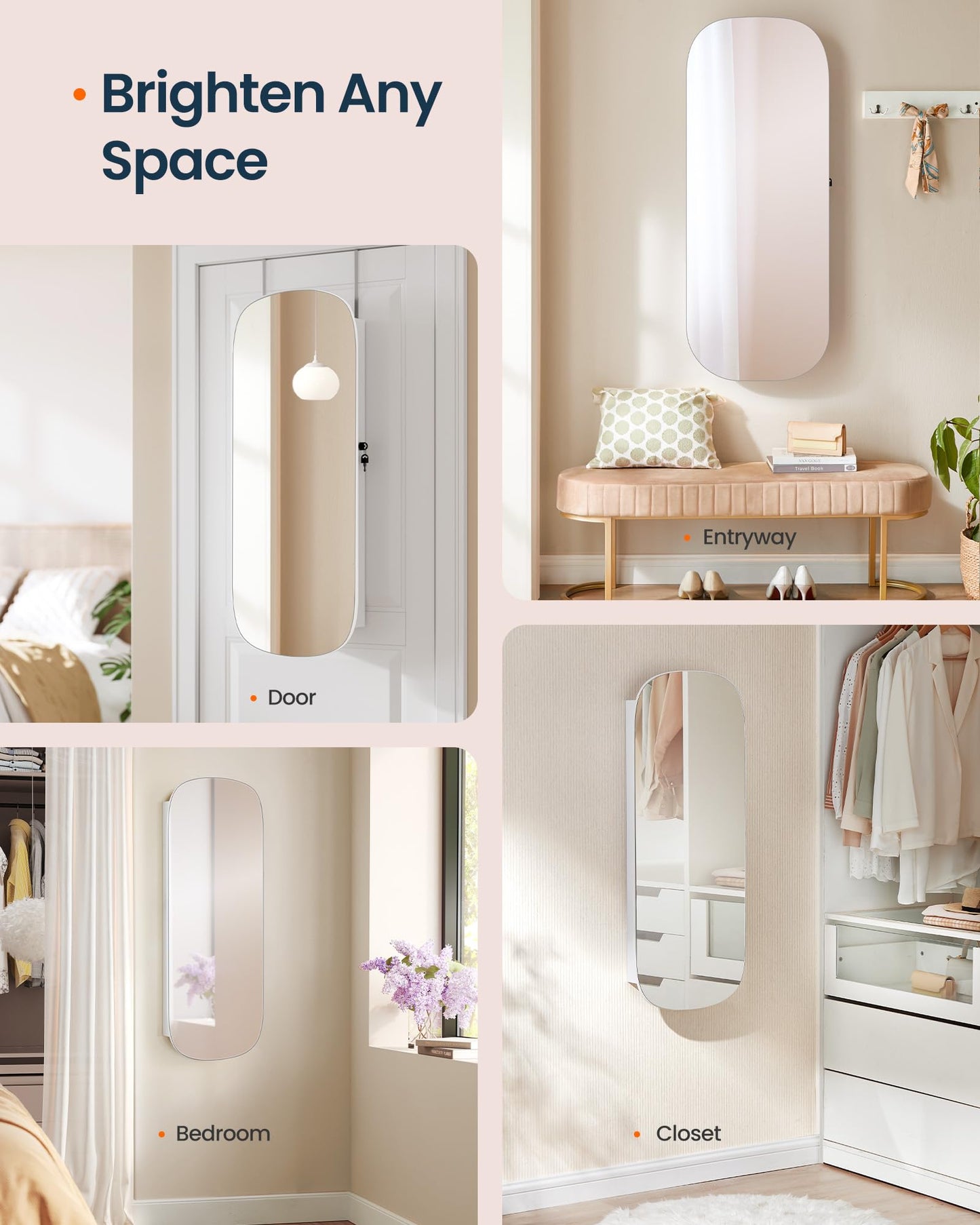 SONGMICS HOME Jewelry Armoire, Mirror Jewelry Cabinet, Full Length Mirror with Storage, Wall or Over The Door Jewelry Organizer Cabinet, Built-in LED, Lockable Armoire, White
