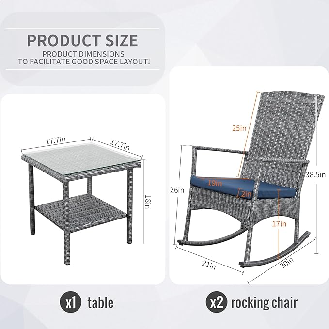 Oasishine Rocking Chair Outdoor 3 Pieces High-Backed Patio Rocking Chairs Bistro Table and Chairs Set of 2, Navy Blue