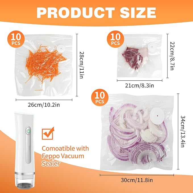 Vacuum Sealer Bags for Food Compatible with Feppo – 34 Pcs (3 Sizes: 11.8"x13.4", 10.2"x11", 8.3"x8.7"), BPA-Free Reusable Zipper Bags with 4 Seal Clips for Sous Vide, Cooking & Freezer Storage