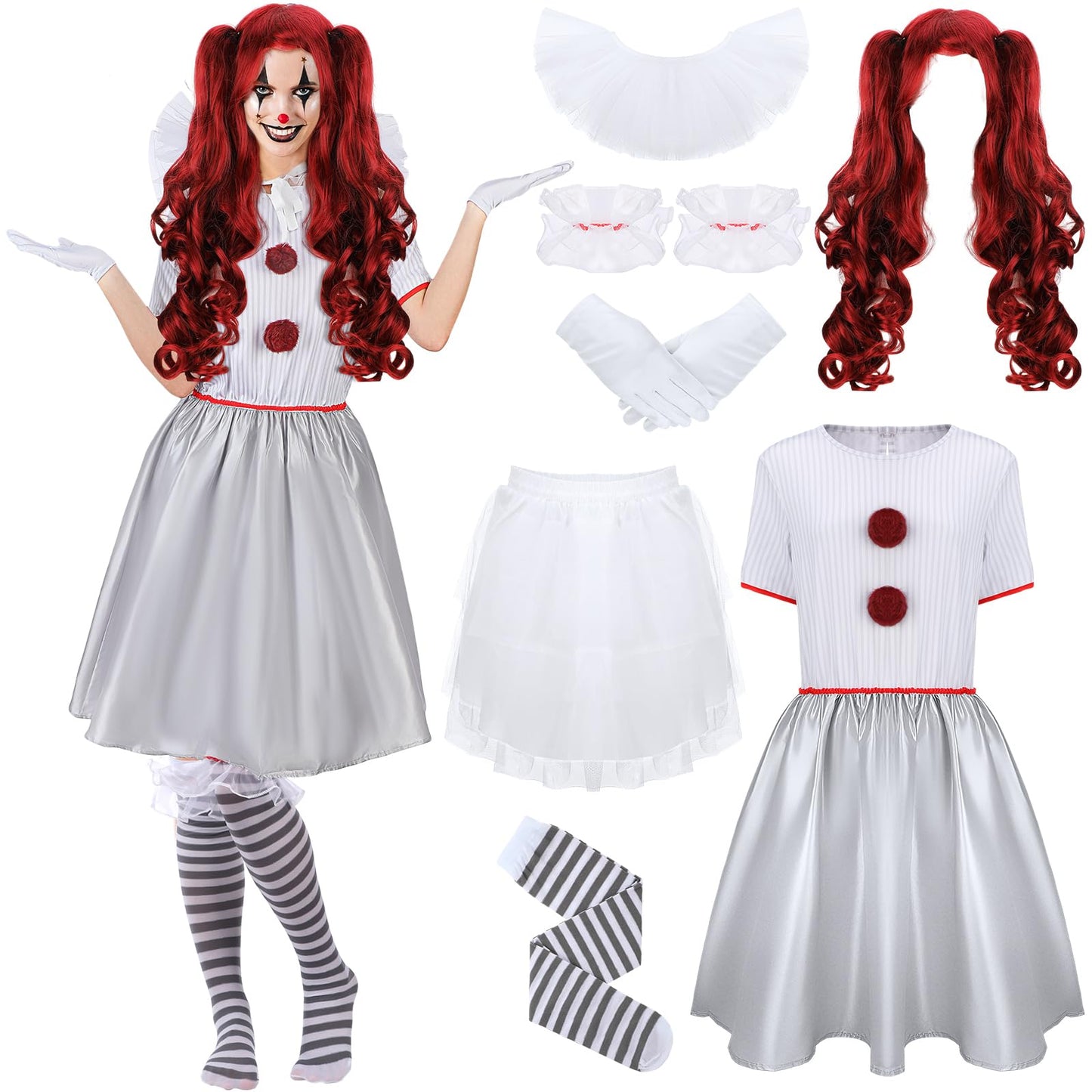 Toulite Halloween Carnevil Clown Costume for Women Clown Wig Dress up Clown Costume for Halloween Scary Cosplay Party (Large), White