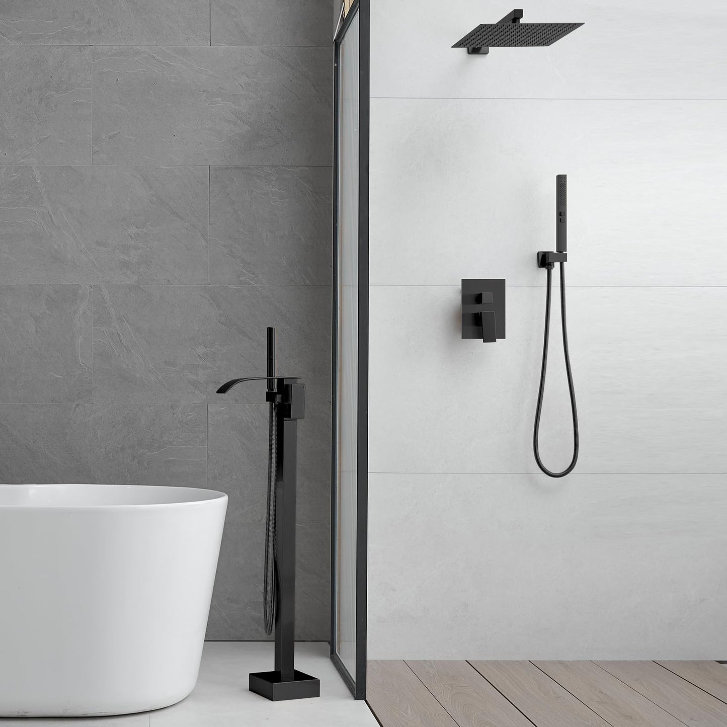 RUMOSE Tub Filler Freestanding Bathtub Faucet Matte Black Floor Mount Tub Faucet Waterfall Free Standing Bathtub Filler High Flow Brass Bath Shower Faucets with Handheld Sprayer