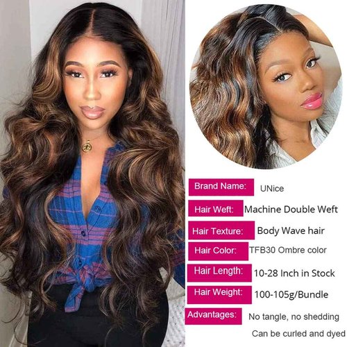 UNice Ombre Brown Highlight Body Wave Human Hair Weave 1 bundle 20 inch, Brazilian Remy Hair Dark Root Blonde Human Hair Weaves Extension Piano Color TFB30