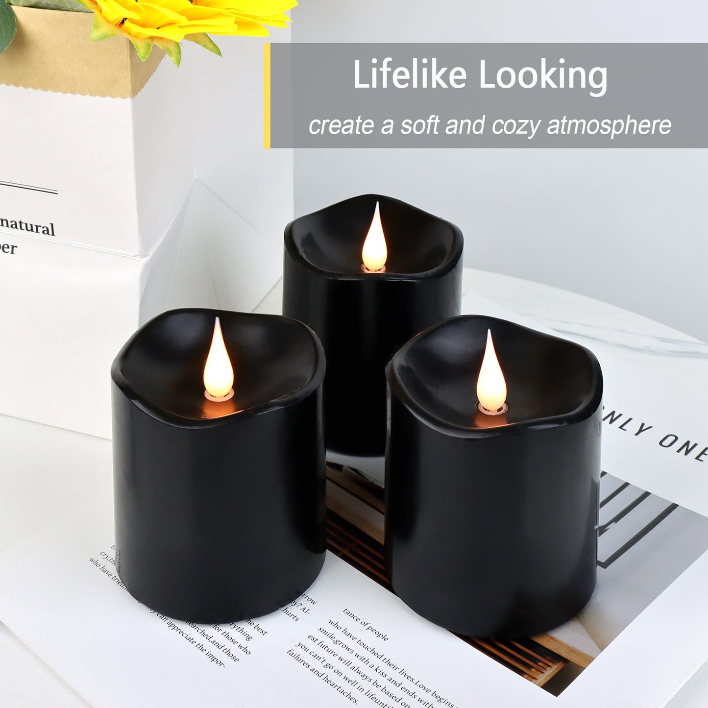 TECHLONG Black Flameless LED Candles, Halloween Candles Battery Operated with Remote Timer, 3D Moving Flame Flickering Last 600+ Hours, 3" x 3" Real Wax Electric Candle for Gothic Home Decor