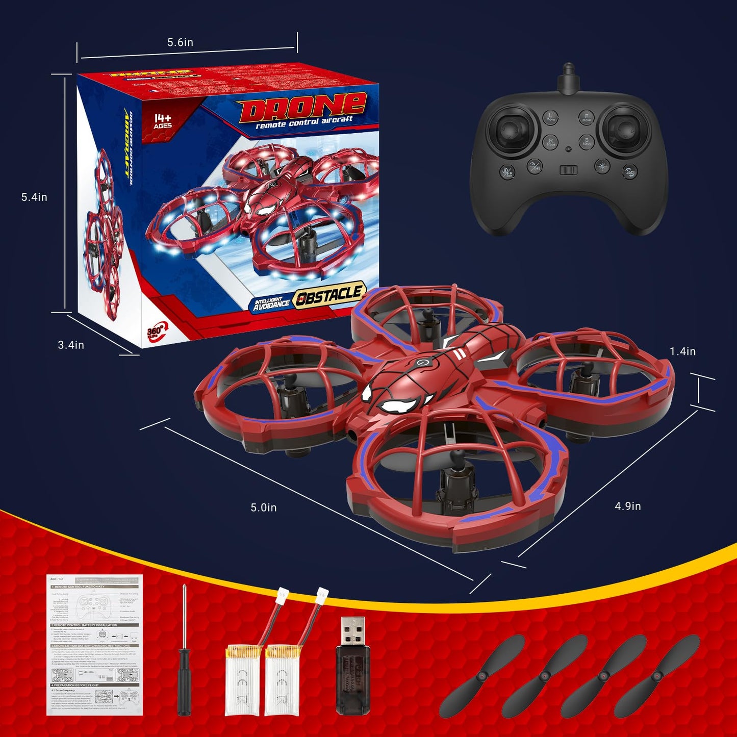 Spider Drone for Kids, Jomzuci RC Mini Drone with 360°Flip, Hover Indoor Drones for Kids 8-12 with 2 Batteries, Headless Mode, 3 Speed Mode, Quadcopter Outdoor Toys Gifts for 8-12 Year Old Boys Girls