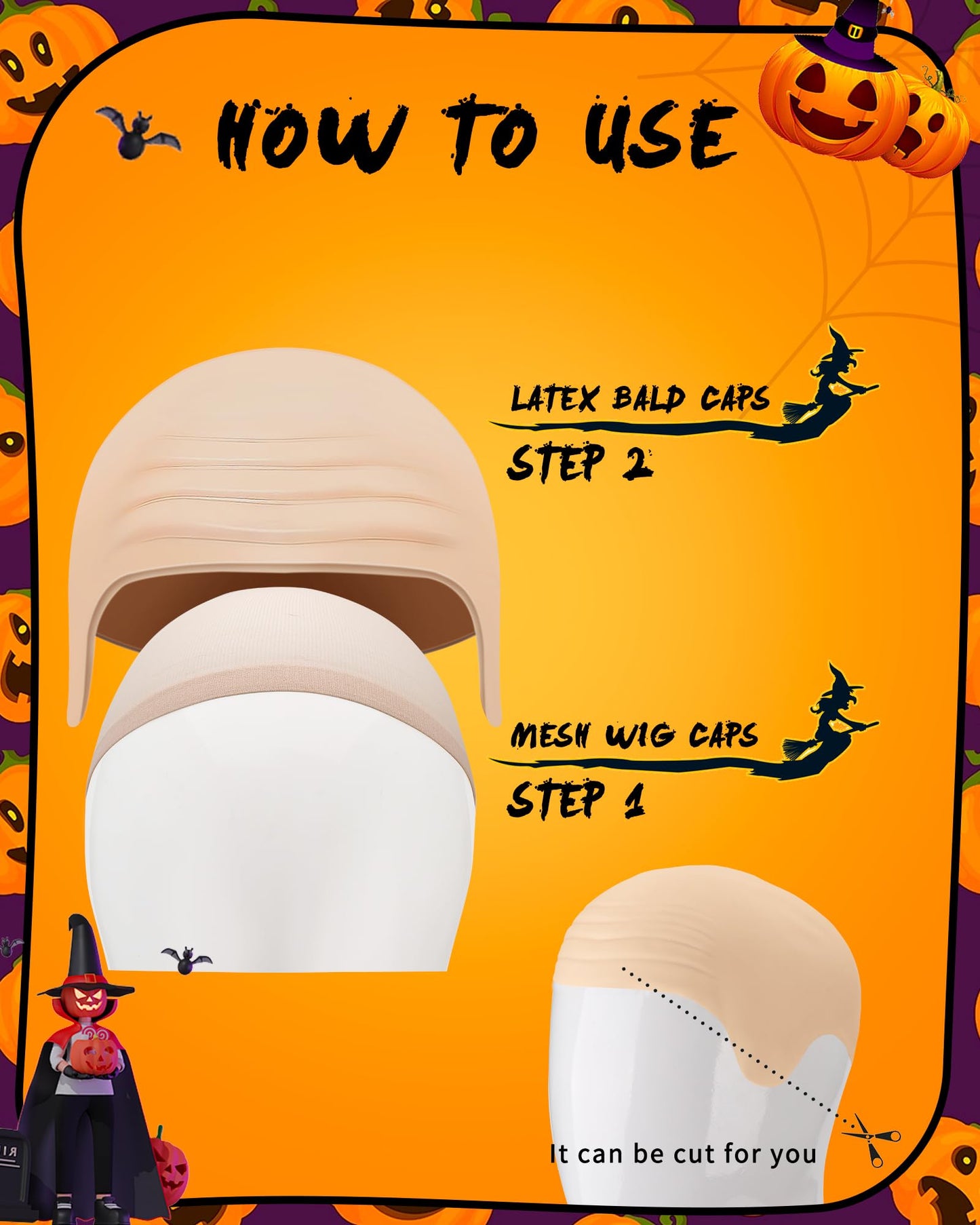Hoedia 2-Pack Latex Bald Cap with 2 PCS Wig Caps for Adults Women Men, Cosplay Costume Accessories for Halloween Party