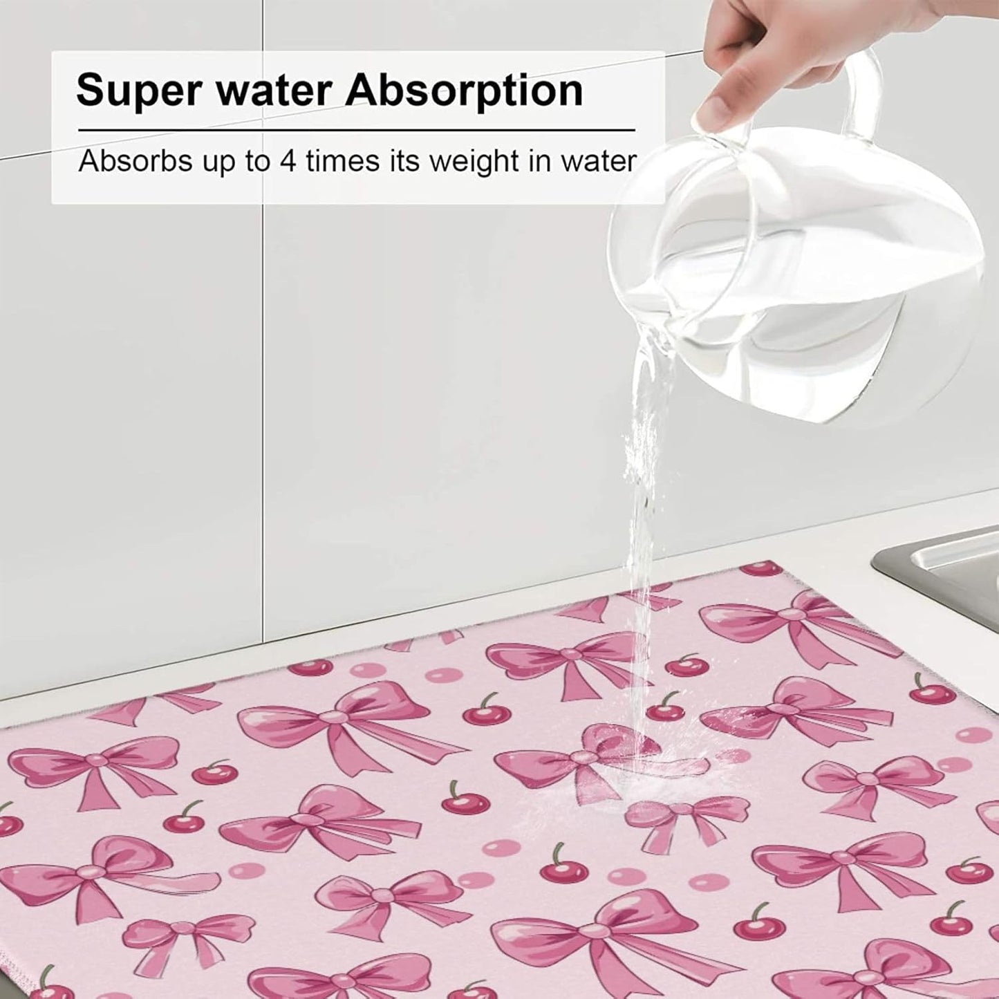 Dish Drying Mat for Kitchen Pink Bow Pattern Cherry Counter Absorbent Dishes Drainer Microfiber Small 16x18 Inch
