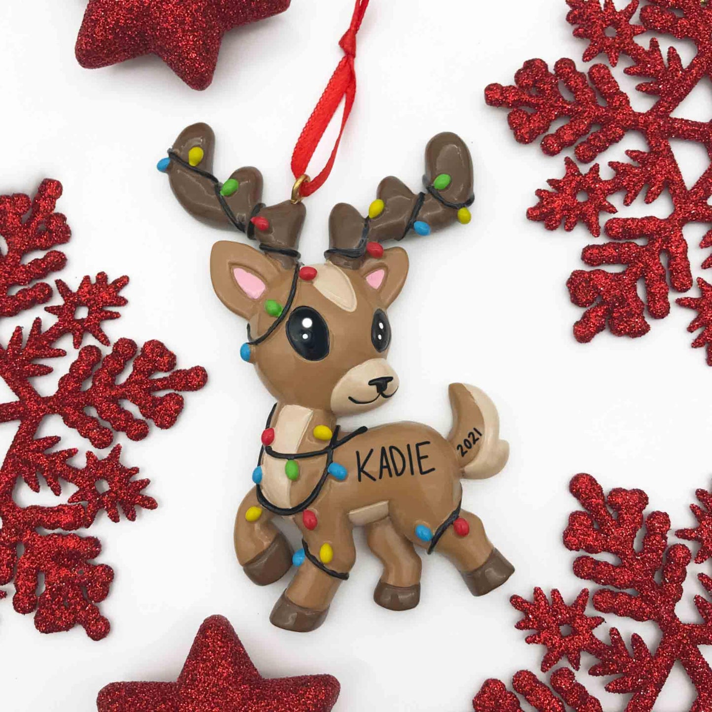 Personalized Winter Fun Christmas Ornament (Reindeer in Lights - Brown)