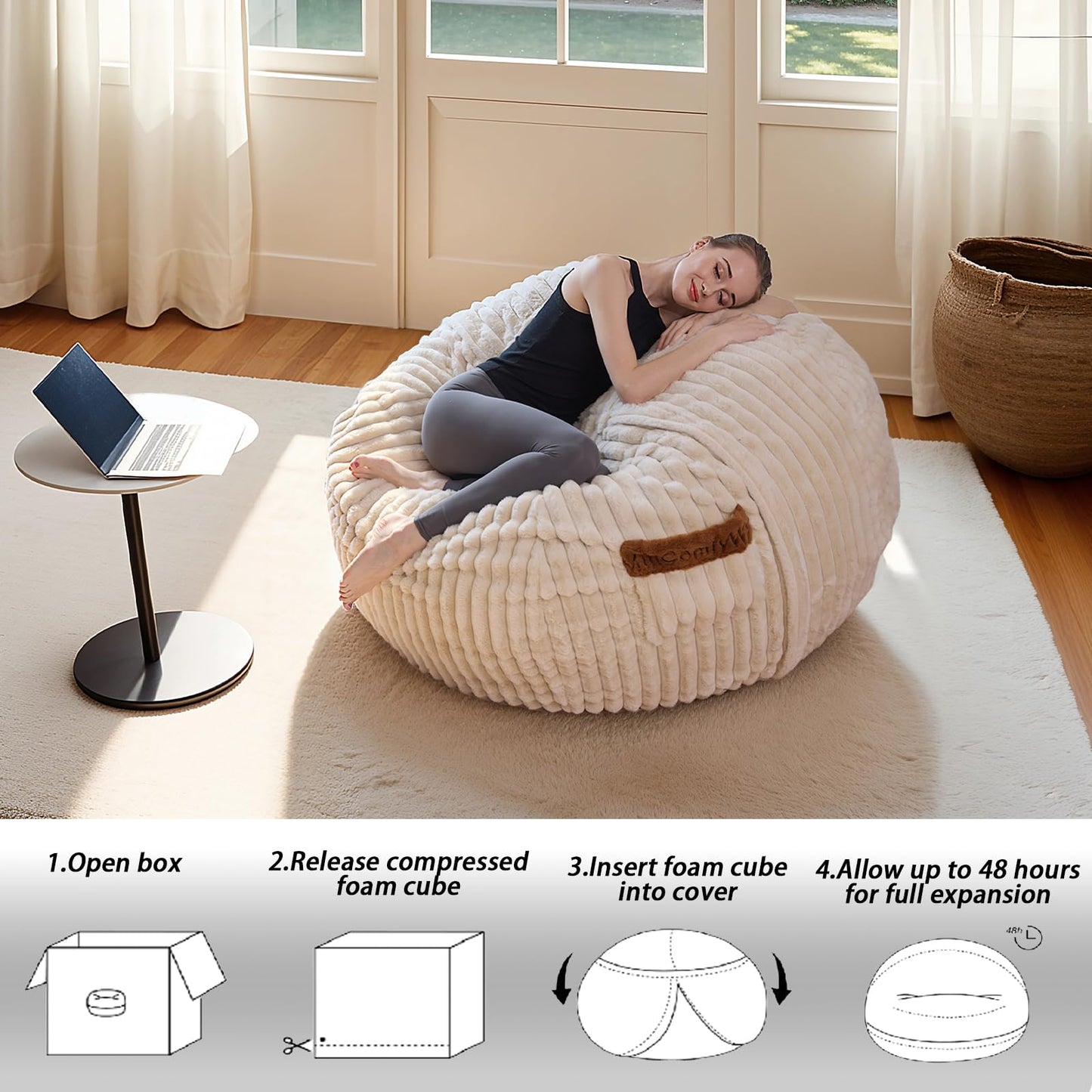 MinComfyWo 4ft Bean Bags Chair for Adults, Giant Beanbag Chair with Memory Foam Filled, Soft Comfy Large Bean Bag Couch Big Sofa Bed for Living Room Bedroom (Beige)