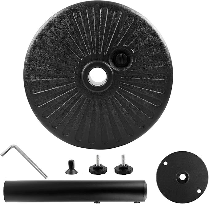 Roixeeds 50LBS Round Umbrella Base Water Filled with Steel Umbrella Holder, Heavy Duty Fillable Umbrella Base Stand for Outdoor, Patio, Lawn, Garden (Black) (Stripes)