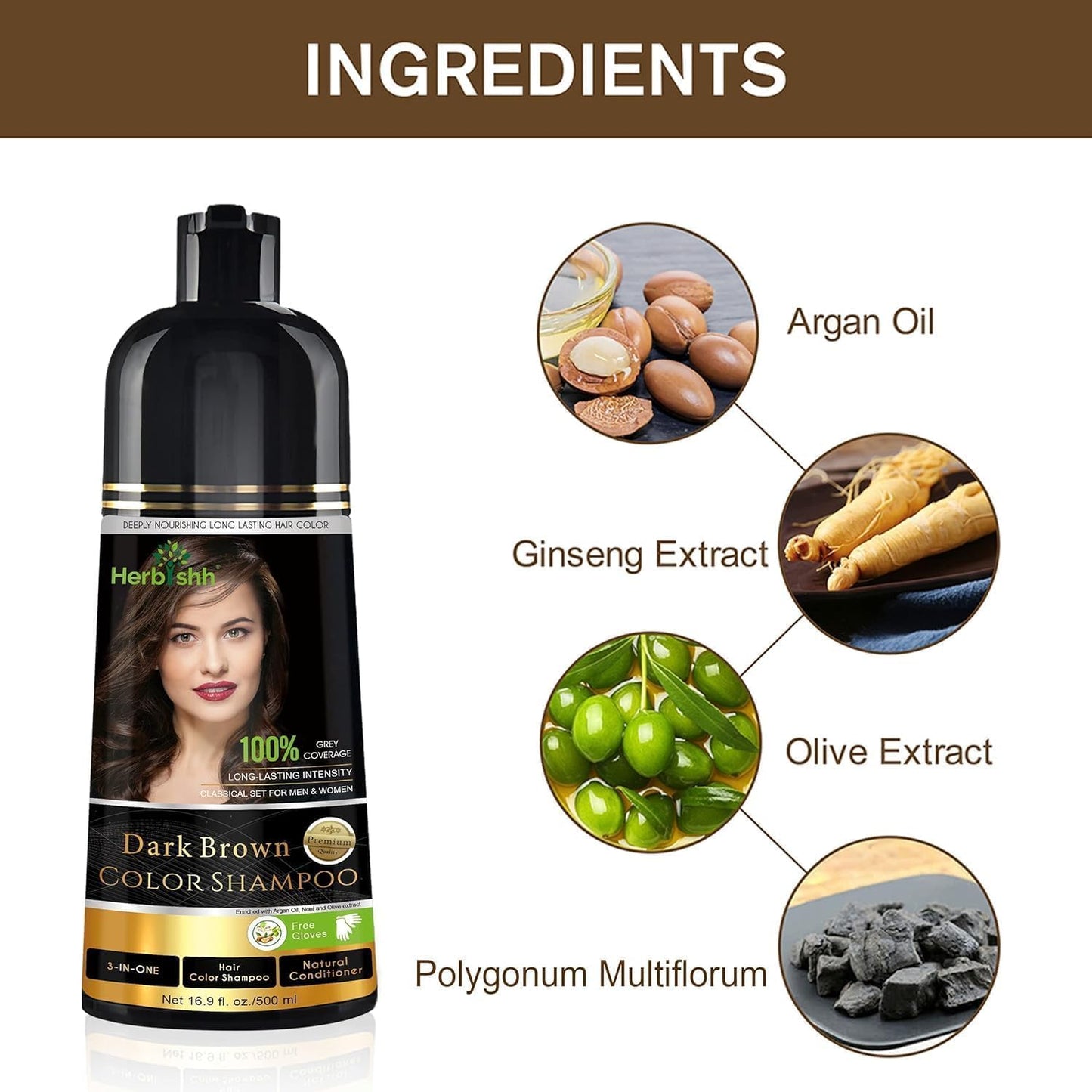 Hair Color Shampoo for Gray Hair, Dark Brown, 500ml with Color Stain Remover Wipes, Ammonia Free