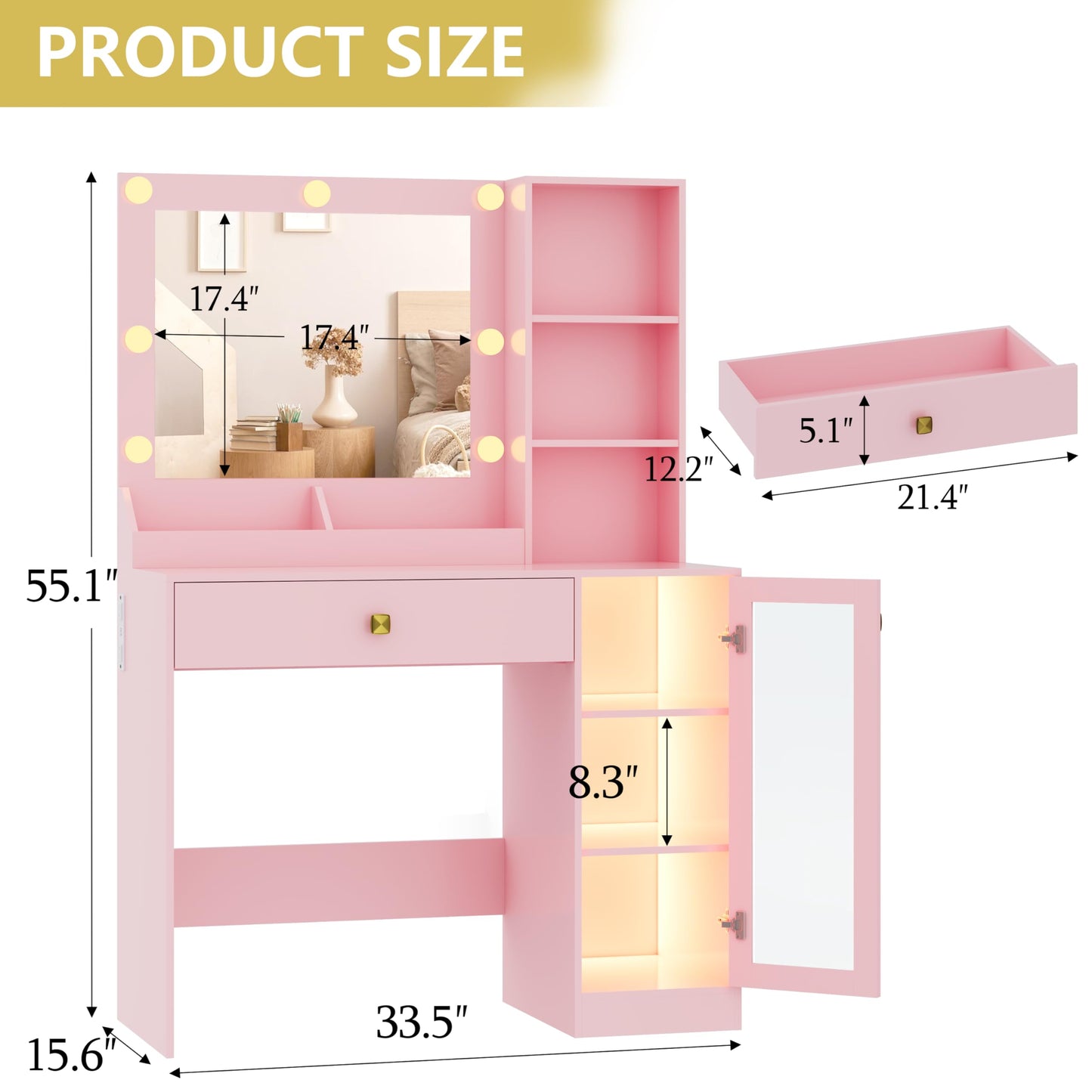 Vanity Desk with Mirror and Lights, Small Makeup Vanity Table with RGB Storage Cabinet & Power Strips & Shelves, 3 Lighting Modes & Adjustable Brightness, Dressing Table for Women Girls Bedroom, Pink