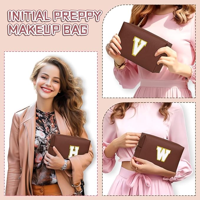 TOPEAST Birthday Gifts for Girls, Travel Makeup Bag Chenille Letter Pouch Cosmetic Bag, Makeup Travel Organizer, Monogrammed Bridesmaid Gifts for Women, Cute Stuff for Girls (Brown J)