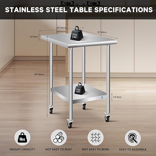 PIUMACU Stainless Steel Table with Wheels 24 x 18 Inch Commercial Stainless Steel Prep Table, Metal Table for Kitchen Restaurant Garage