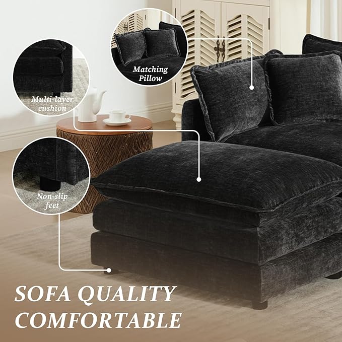 SoarFlash Chenille Sectional Sofa Ottoman,Black