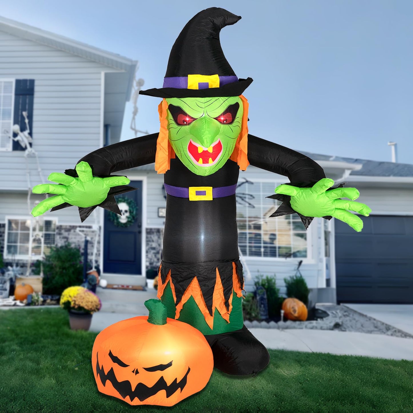 ININ 8FT Halloween Inflatable Witch Decorations Outdoor Built-in LED Lights,Halloween Blow Up Yard Decorations,Scary Party Decorations,Haunted House Decor,for Yard/Lawn/Garden.