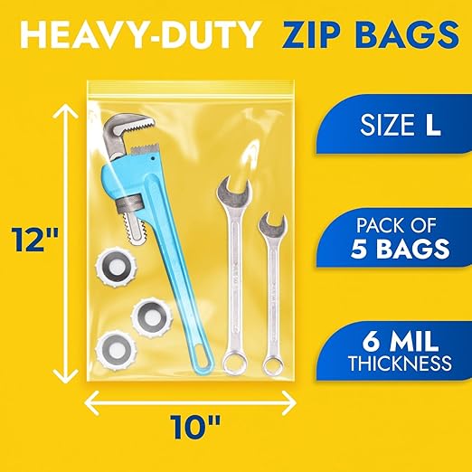 10" x 12" Medium Zip Seal Lock Bags, 6 Mil (Pack of 5) – Heavy-Duty Reclosable Plastic Bags – Clear, Resealable, Waterproof – For Storing and Organizing Clothes, Jewelry, and Travel Items