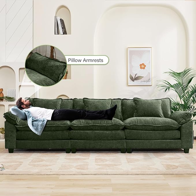 Oprisen 120" Modular Sectional Sofa, Comfy Cloud Couch Sectional, Chenille Sofa Sleeper Deep Seat Sofa with Throw Pillows for Living Room (Green, 120"- 3 Seater)
