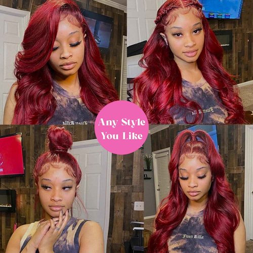 ZGBZGB 99j Burgundy Lace Front Wigs Human Hair 13x4 HD Transparent Body Wave Lace Front Wigs Human Hair Pre Plucked 180% Density Glueless Red Human Wigs for Women (24 Inch)