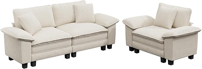 MIXPATIO L-Shaped Cloud Modular Sofa Set with Chaise, Deep Seat 3-Piece Sectional & Removable Arms, Plush Corduroy for Living Room - Beige