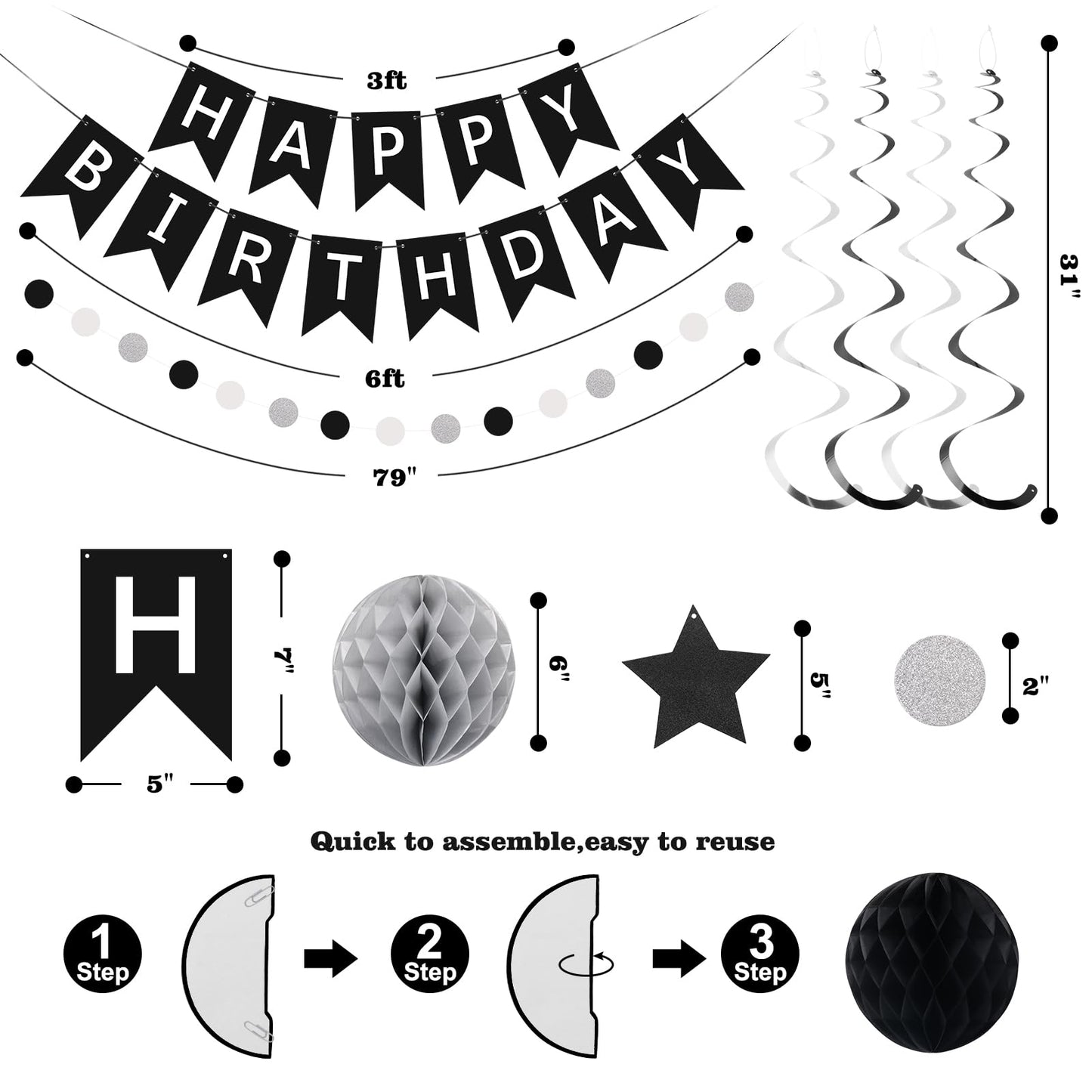 meowtastic Birthday Decorations, Happy Birthday Banner with Honeycomb Balls, Star Hanging Swirl Streamer, Circle Dot Garland, Happy Birthday Party Decoration for Women Men Boys Girls (Black & Silver)