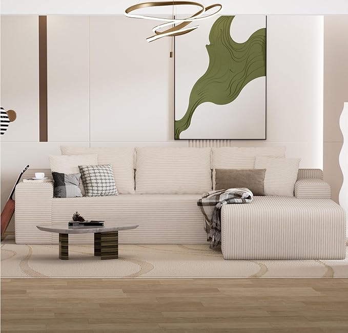NAYA 106” Modular Sectional Sofa, Cloud Sectional Couch with Deep Seat, Modern Modular L-Shape Sofa Boneless Couch with Chaise for Living Room Bedroom (Beige, Sectional Sofa with Right Facing Chaise)