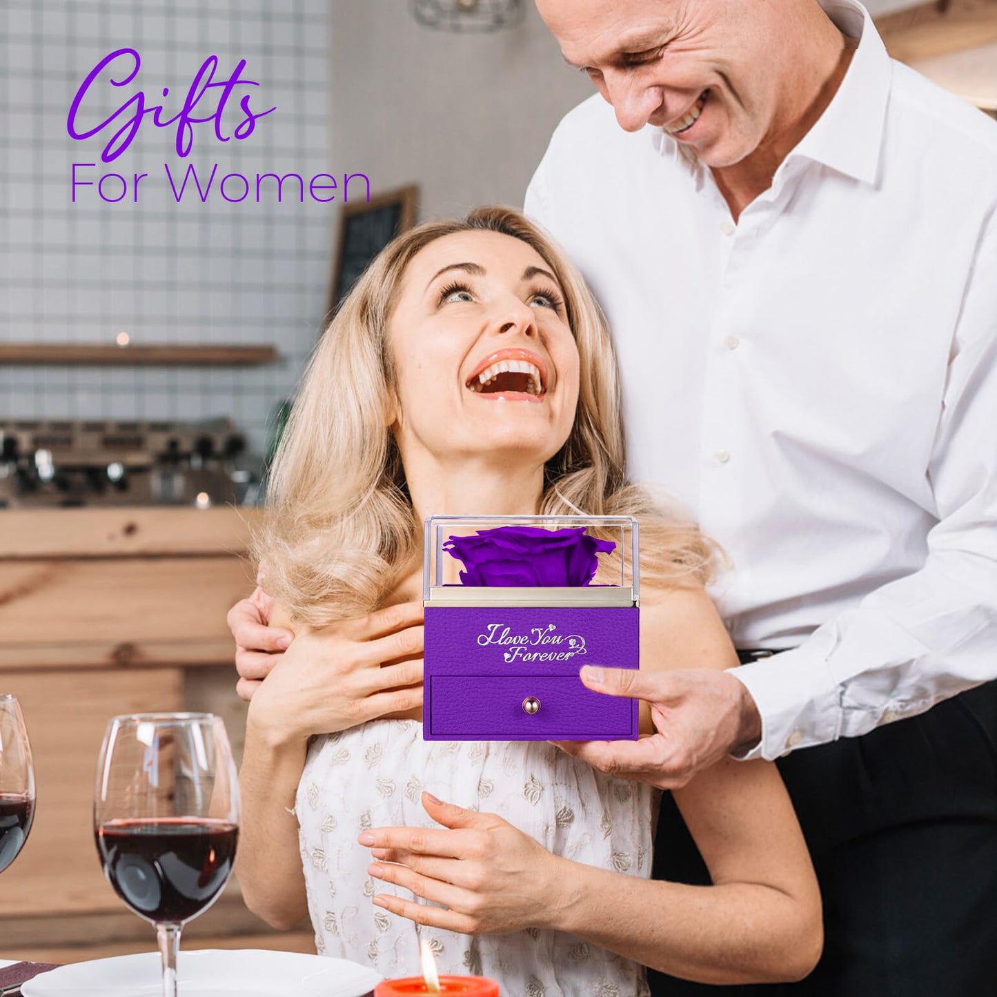 NEWNOVE Preserved Real Purple Rose with Angle Wings Necklace, Mothers Day Flowers Gifts for Mom Grandma Wife Girlfriend, I Love You Gifts for Her, Anniversary or Birthday Gifts for Women