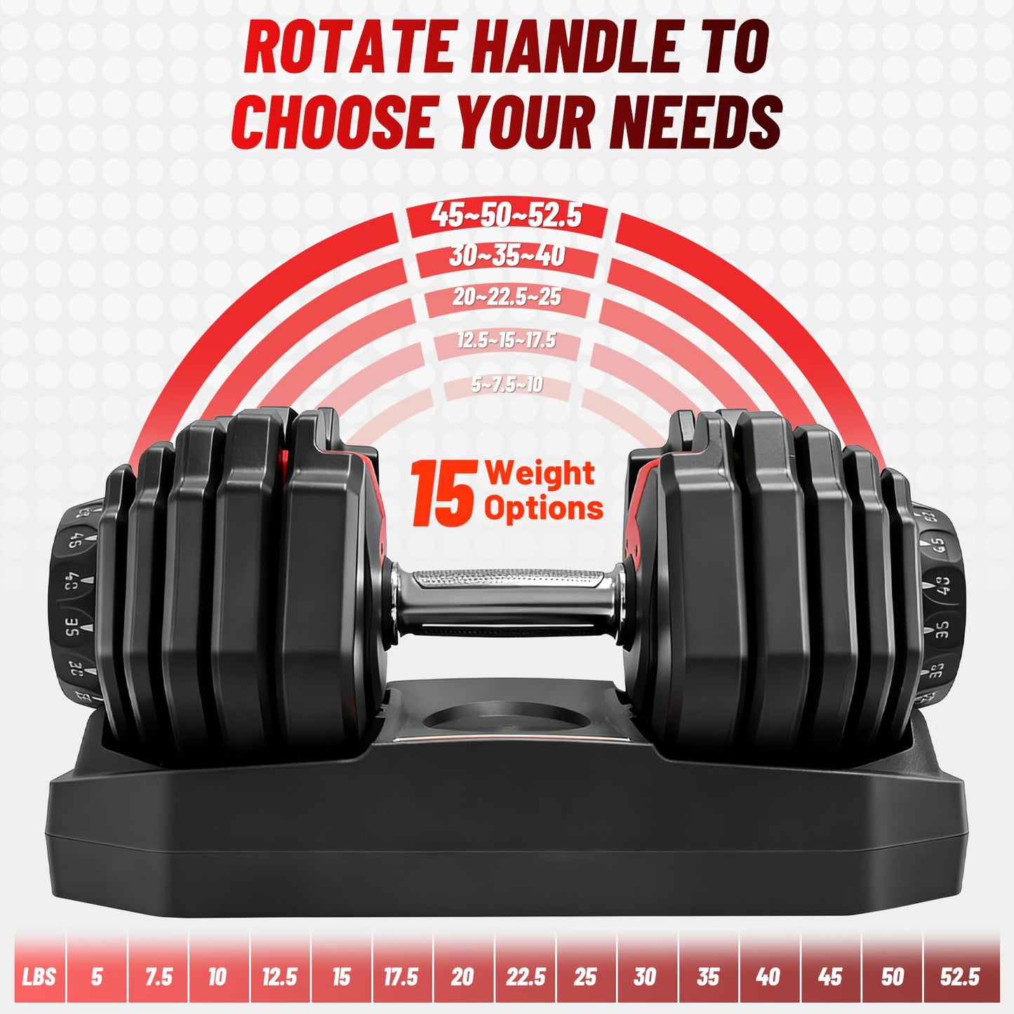 Adjustable Dumbbell 52.5LB, 2-in-1 Weight with Anti-Slip Handle, Fast Weight Adjustment for Home Gym, Strength Training for Men & Women, Single Dumbbell with Tray