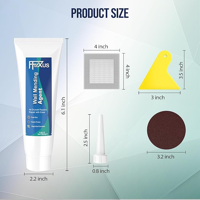 Drywall Repair Kit – 120 g Fast Dry Putty Tube with 2 × 2″ Wall Patch Mesh, Scraper & 2 × P180 Sandpapers | Quick-Dry Spackle & Sheetrock Crack Filler for Wall, Ceiling & Plaster Hole Repair