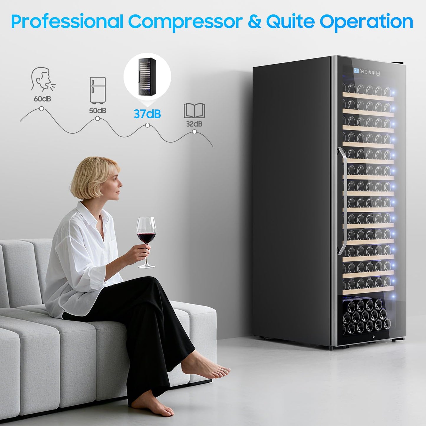 EORICE 158 Bottle Wine Cooler Refrigerator, 24 Inch Freestanding Wine Fridge with Professional Compressor, Fast Cooling Intelligent Memory, Sliding Rail Shelves Reversible Door Low Noise Cellar