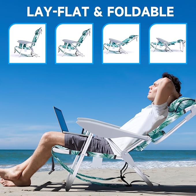 Canpsky Portable Beach Chair for Adults, Outdoor Camping Chair Lay Flat Folding Backpack Beach Reclining Chair with 5 Positions, Headrest, Cup Holder, Heavy Leaf