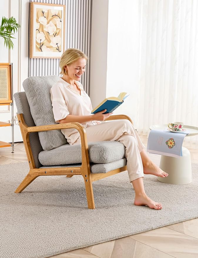 Mid Century Modern Accent Chairs for Living Room, 23” Wide Comfy Chair for Bedroom, Small Cozy Sherpa Reading Chairs for Adults, 108° Lounge Arm Chair Indoor with Detachable Cover, 5.5" Foam Cushion
