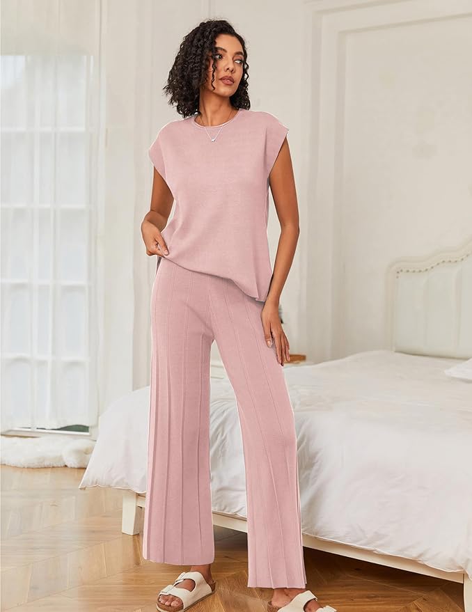 Ekouaer Lounge Sets for Women Two Piece Outfits Knit Cap Sleeve Tops Wide Leg Pleated Pants Casual Dressy Sweater Sets