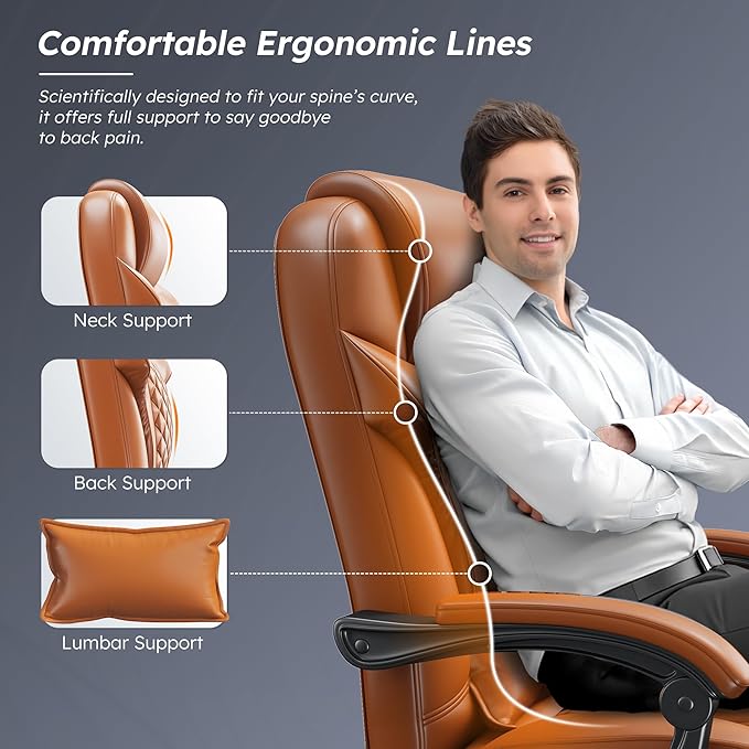 DurayLoly Big and Tall Office Chair 400lbs - Executive Ergonomic Desk Chair with Footrest, High Back Reclining Leather Chair with Lumbar Support for Home Office Brown