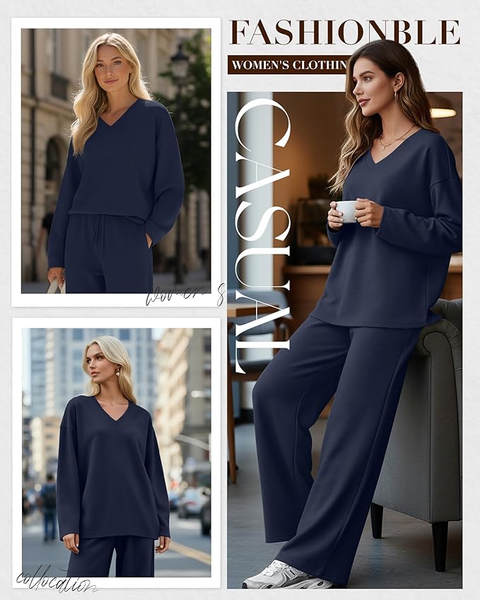 JoyMotion 2 Piece Women's Sweatsuit, V Neck Oversized Tracksuit Wide Leg Pant Fall Lounge Set Long Sleeve Sweatshirts Outfit