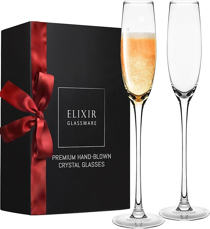 ELIXIR GLASSWARE Champagne Flutes - 5 oz - Set of 2 Crystal Glass Flutes, Hand Blown Edge Champagne Glasses - Premium Crys...