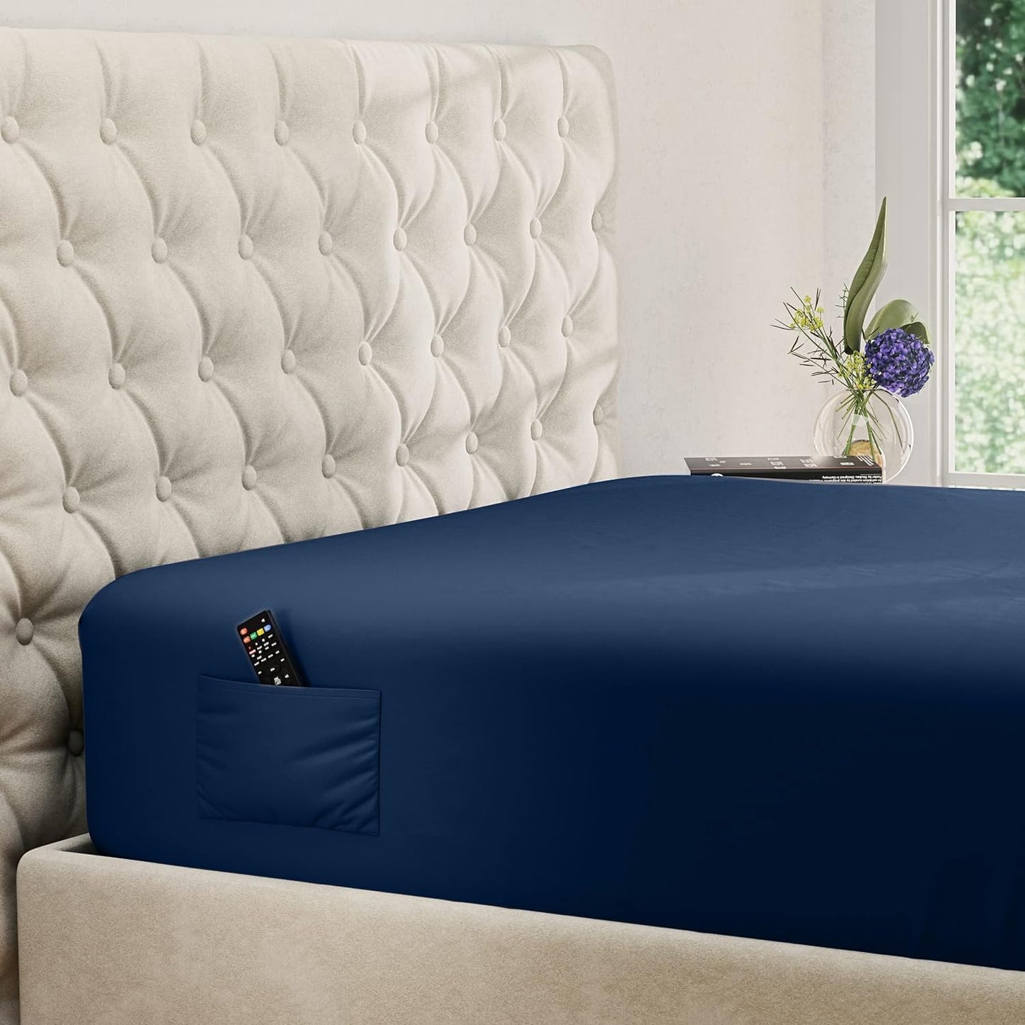 DREAMCARE Queen Fitted Sheet - Extra Deep Pocket Fitted Sheet - Fits up to 21 inch Mattress - Deep Pocket Queen Sheets - Hotel Luxury - Oeko-Tex Certified Sheets - 1 Fitted Sheet Only (Navy Blue