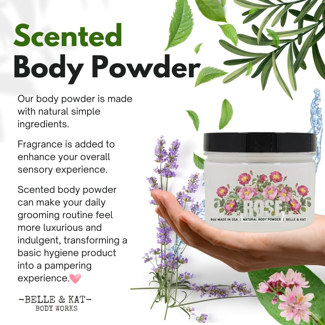 Rose Scented Body Powder for Men & Women, Bath Perfume Dusting Powder with Fragrance & Essential Oils, Talc Free 8oz Container, Made in USA