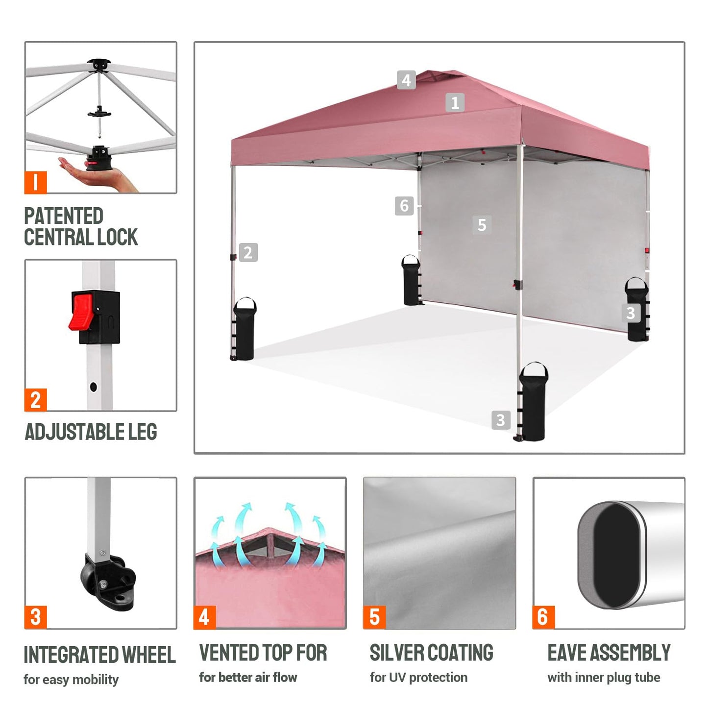 CROWN SHADES 10x10 Pop Up Canopy with 1 Side Wall - Beach Tent with One Push Setup - Outdoor Sun Shade for Events, Parties, Camping - Gazebo with STO-N-Go Cover Bag (Pink)