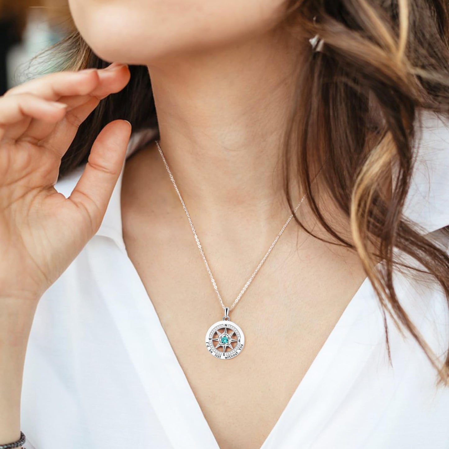 HOH-Tech Compass Necklace for Women 925 Sterling Silver Id be Lost without You Compass Necklace Birthstone Graduation Rose Jewelry Pendant for Mothers Wife Daughter-Dec-Blue Topaz