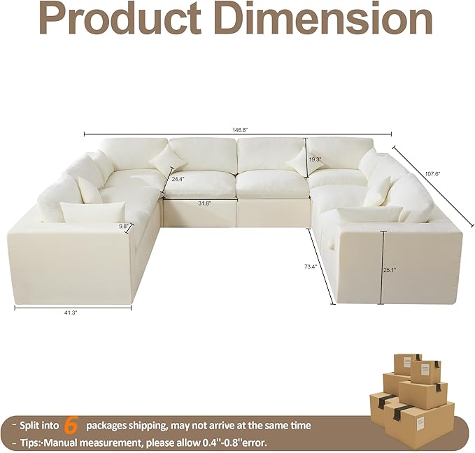 155''Cloud Boneless Sectional Couch, Modular Sectional Sofa Deep Seat, Oversized Upholstered Convertible Comfy 8 Seater Chenille Memory Foam Sofa U Shape Couches for Living Room, Beige