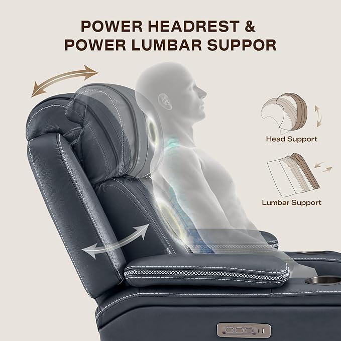 Watson & Whitely Super Zero Gravity Recliner Chair, Oversized Genuine Leather Electric Recliner W Power Adjustable Headrest & Lumbar Support Hidden Storage for Living Room, Navy Blue