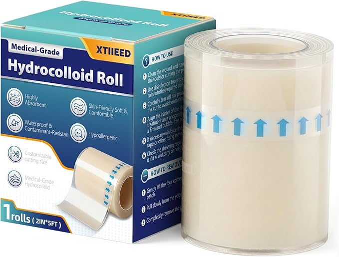 Hydrocolloid Roll for Wound Care, 2in x 5ft - Latex-Free & Hypoallergenic Hydrocolloid Bandages with Self-Adhesive, Ultra ...