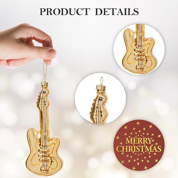 WDS WONDROUS Guitar Christmas Ornament & Decoration, 2.36” Glass Guitar Hanging Ornament Set for Xmas Tree Gold Decor Holiday Party Home Gift