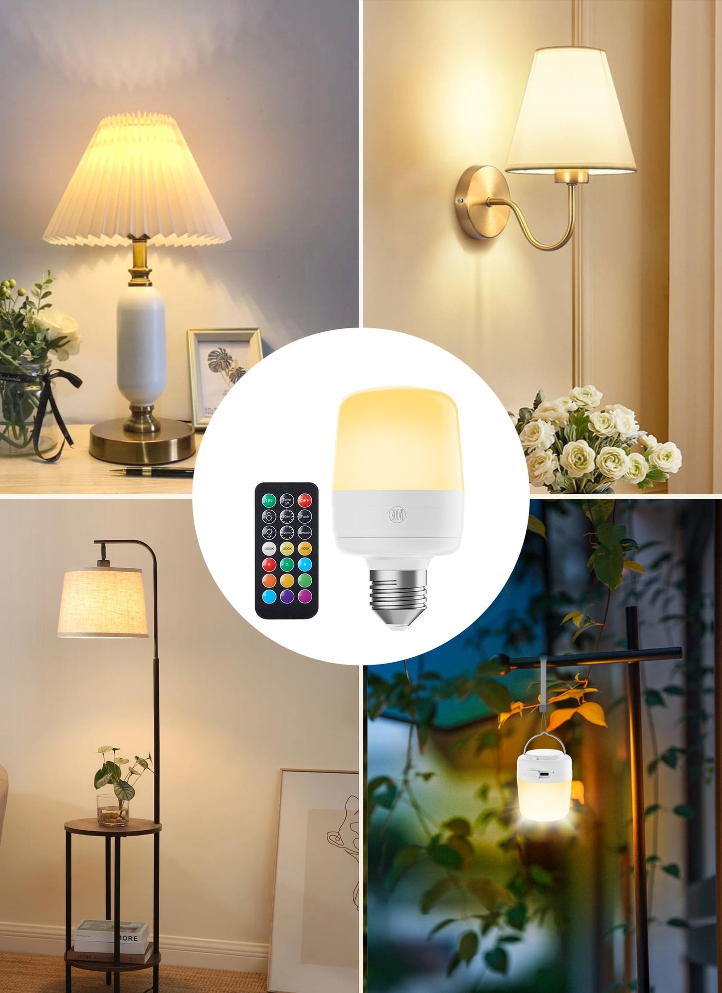 Minetom E26 Rechargeable Light Bulbs with Remote and Timer, Battery Backup Bulb with 12 Colors and Brightness Dimmable, 2300mAh 40W Equivalent LED Light Bulbs for Lamps Sconces Camping, 4 Pack