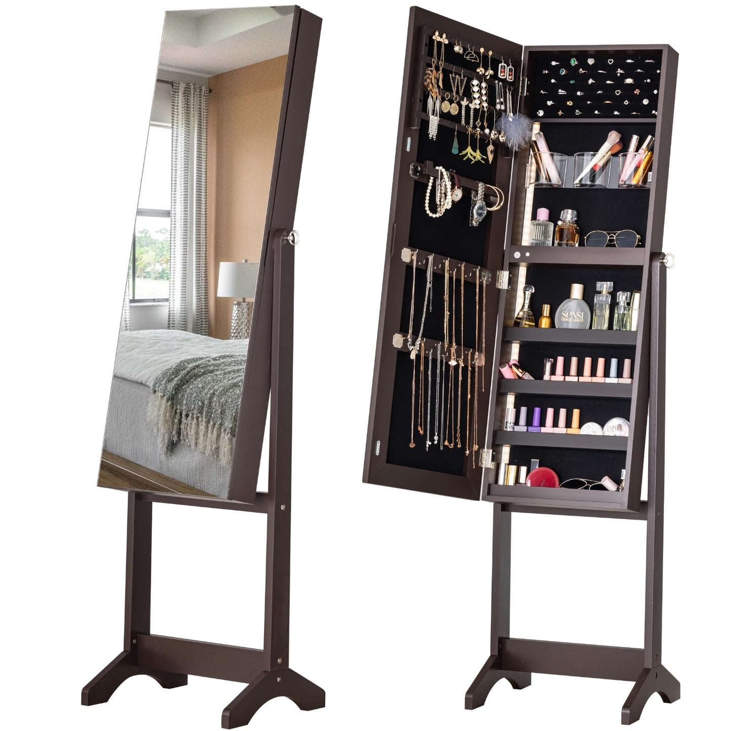 BTEXPERT Large Storage Jewelry Organizer with Frameless Mirror Free Standing Jewelry Armoire Cabinet (Brown)