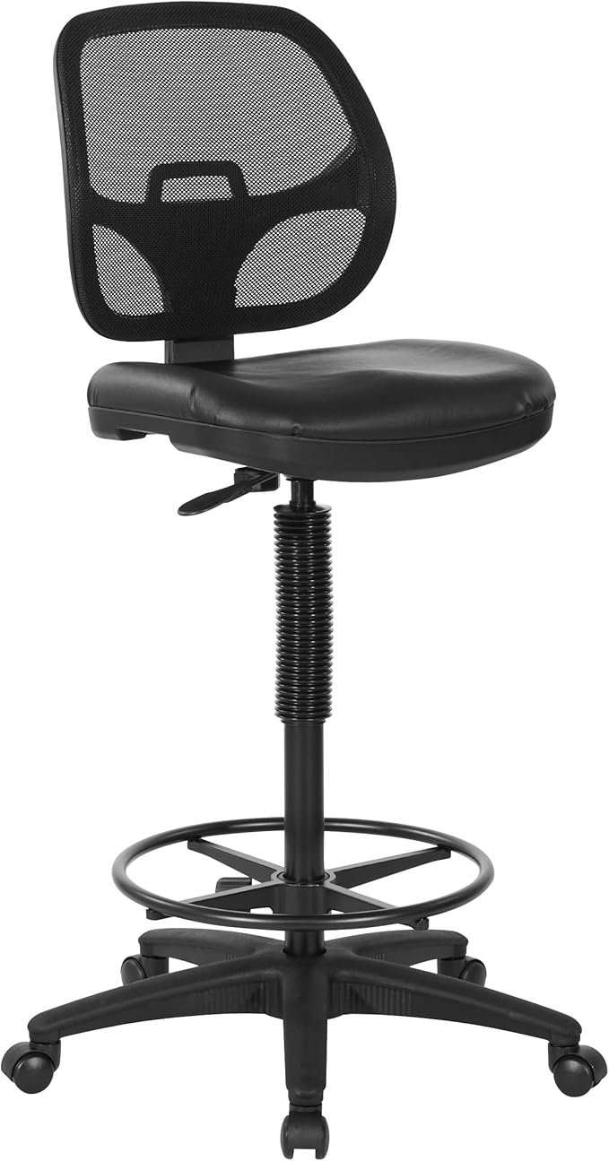 Office Star DC Series Deluxe Breathable Mesh Back Ergonomic Drafting Chair with Lumbar Support and Adjustable Footring, Black Vinyl