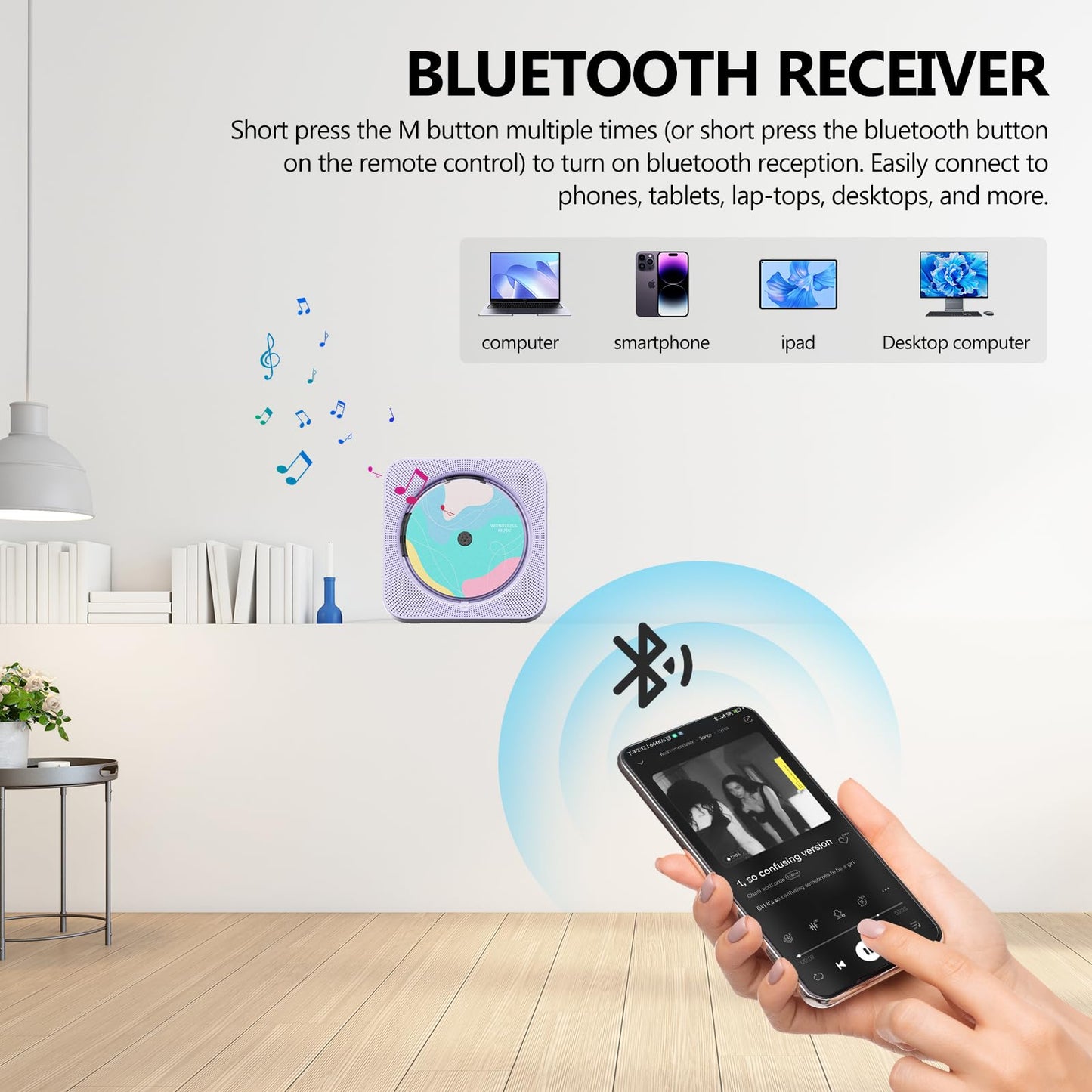Cd Player Portable With Bluetooth Desktop Cd Players For Home With Hifi Sound Speakers,Mini Cute Cd Player For Kids,Remote Contr