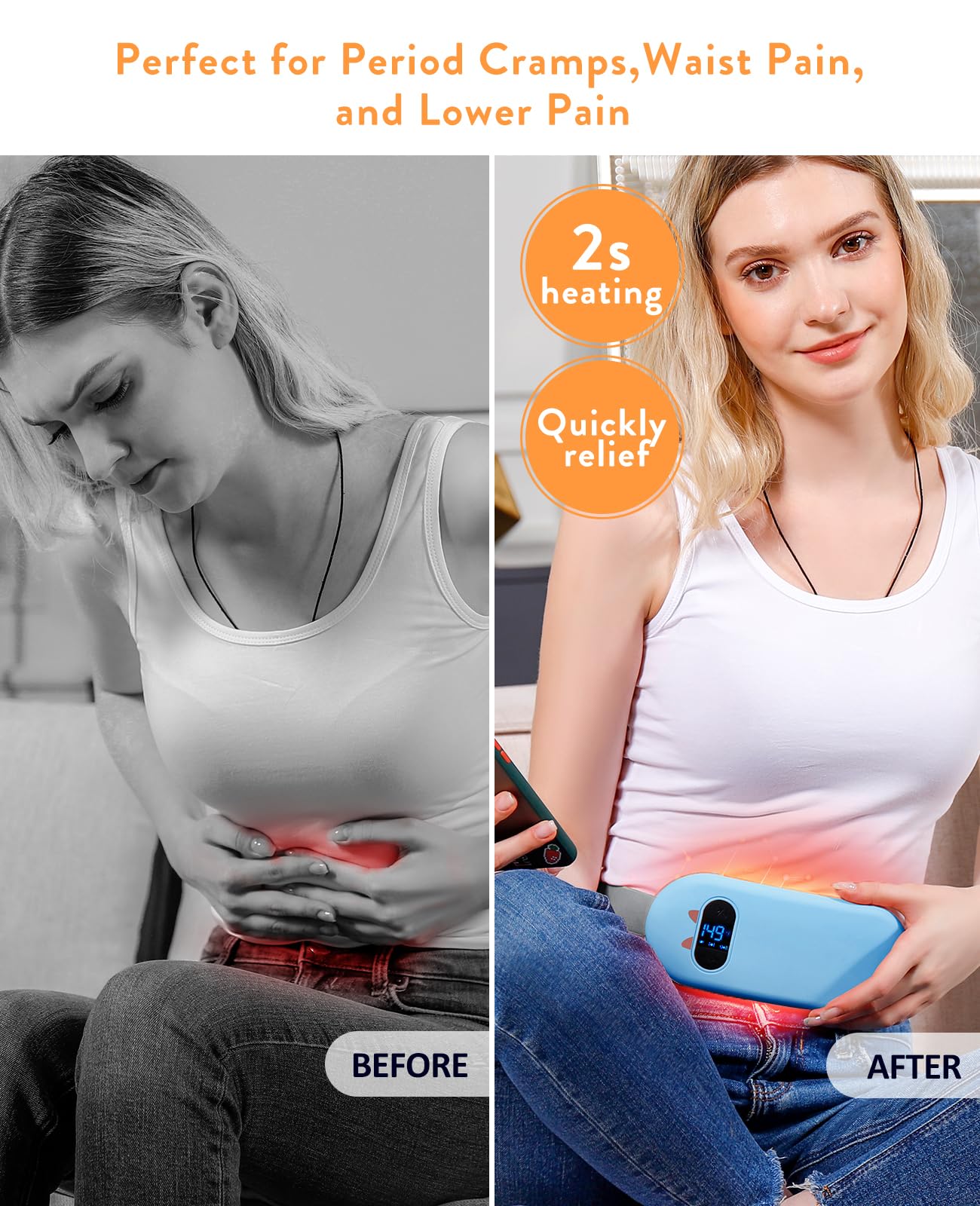 Portable Heating Pad for Period Cramps: Cordless Menstrual Heating Pad with 6 Heat Levels and 6 Massage Modes, 3s Fast Heating Gift for Women and Girl(Blue)