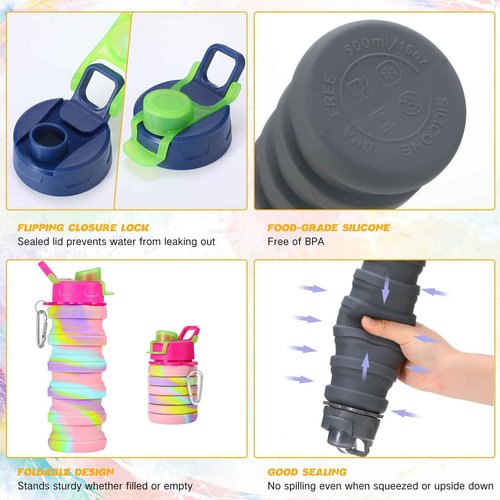 Sunnyray 20 Pack Collapsible Water Bottles Bulk Foldable Water Bottles 17oz Silicone Portable Leak Proof Reusable Sports with Clip for Travel Hiking Camping Outdoor(Camouflage)