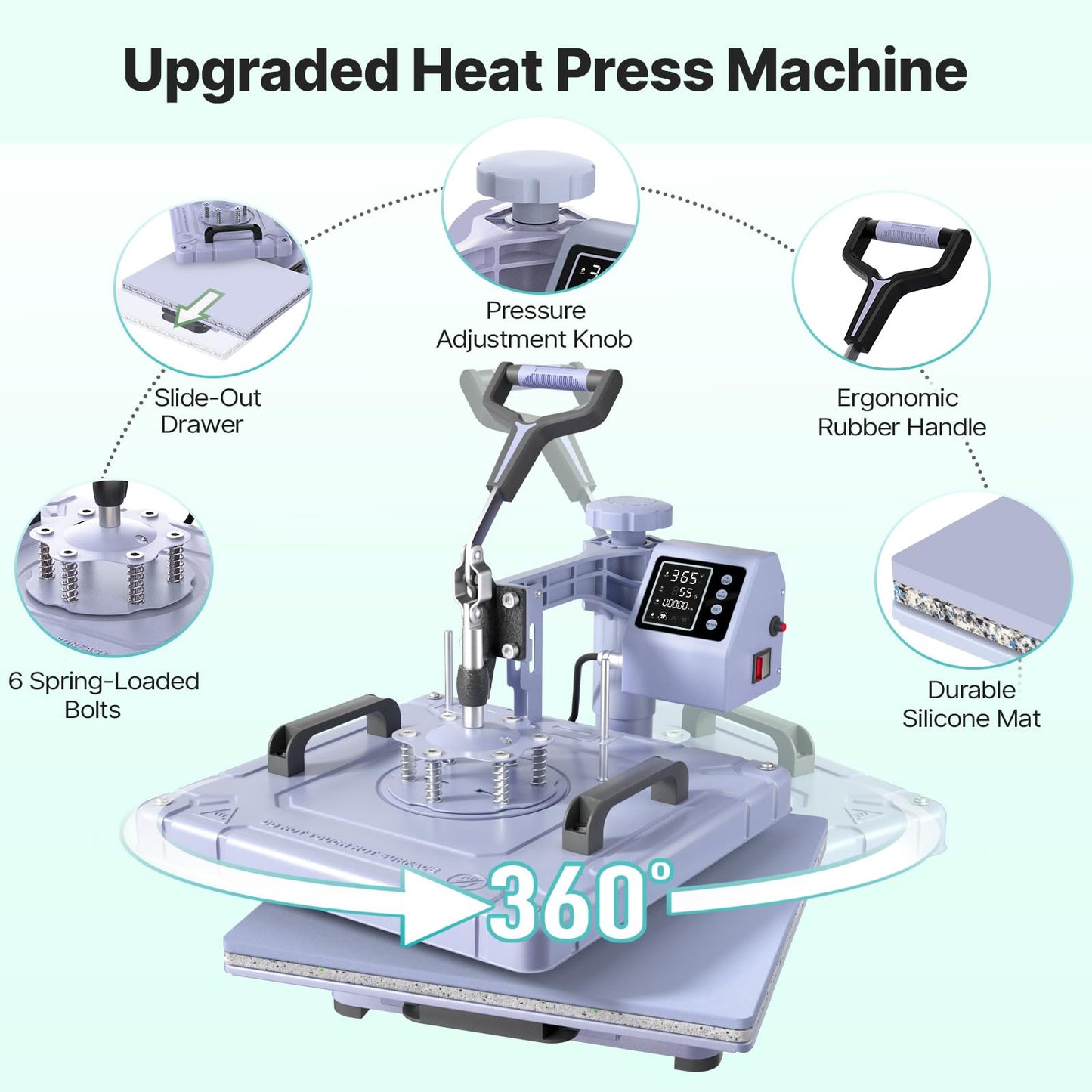 Slendor 8 in 1 Heat Press Machine 15x15 inch 360-Degree Swing Away Digital T Shirt Pressing Machine Multifunction Heat Transfer Sublimation Combo for T Shirts Mugs Hat Plate Cap, Lavender